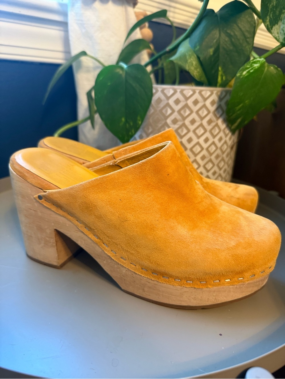 Charlotte Stone 8 Marlo Low Heel Clog Wooden Suede Retro Modern Boho Designer